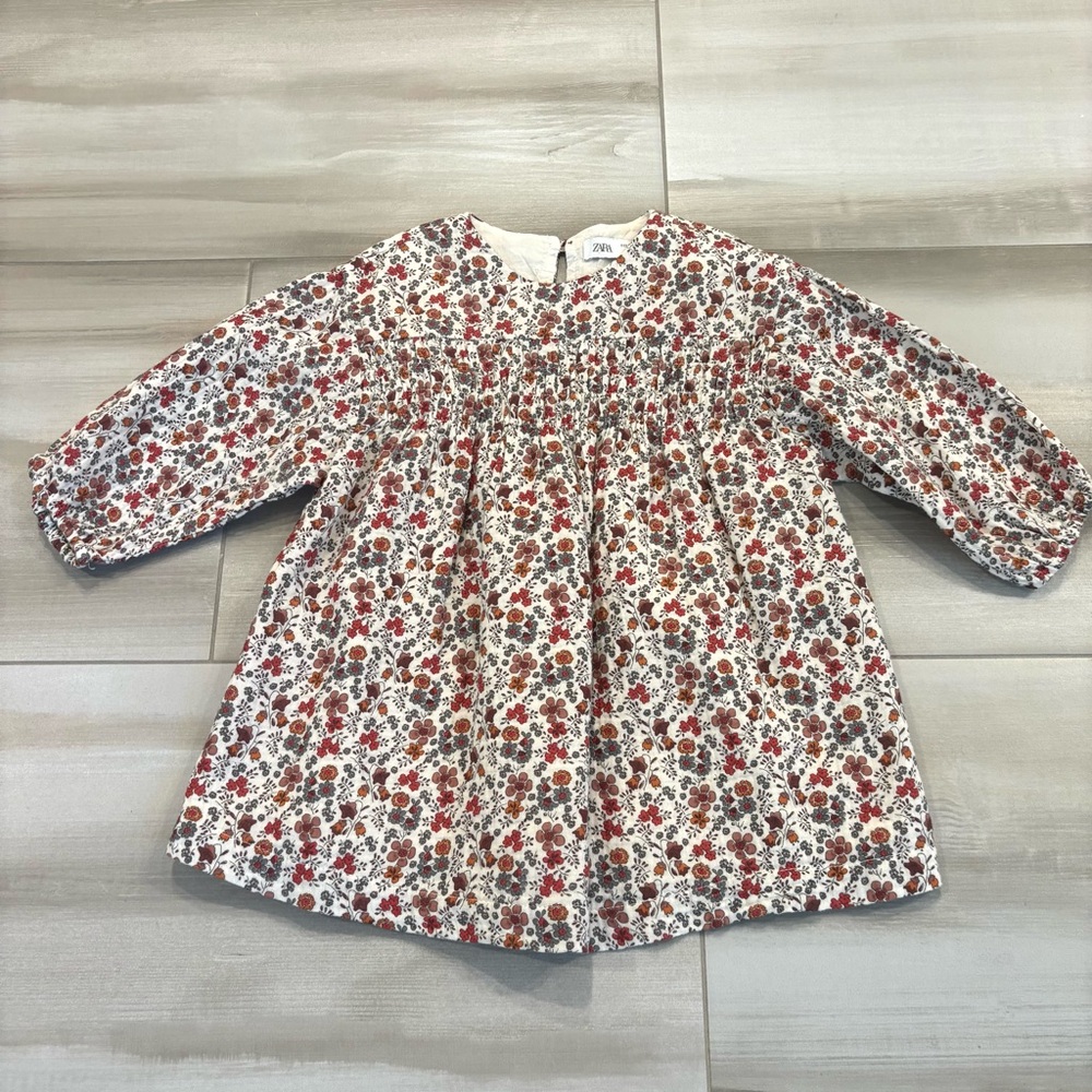 Zara Cotton Floral Baby Toddler Girl Dress Long Sleeves Lined 18-24 Months